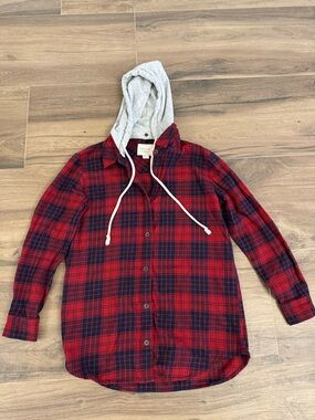 Forever21 Y2K Hooded Red Plaid Shirt Jacket